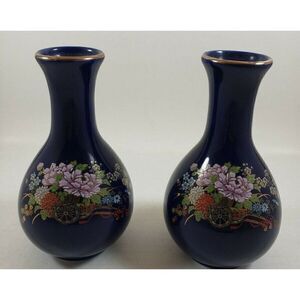 Vintage Set Kutani Japan Cobalt Blue Mini Floral Rickshaw Bud 5" Vases Gold Trim
